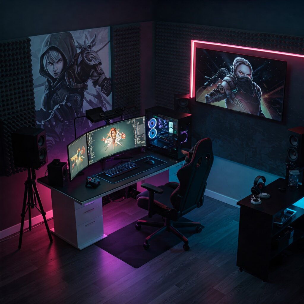 "A futuristic gaming room with RGB lighting, a high-end gaming setup, smart AI-controlled devices, and immersive sound systems by cesargudiol.com